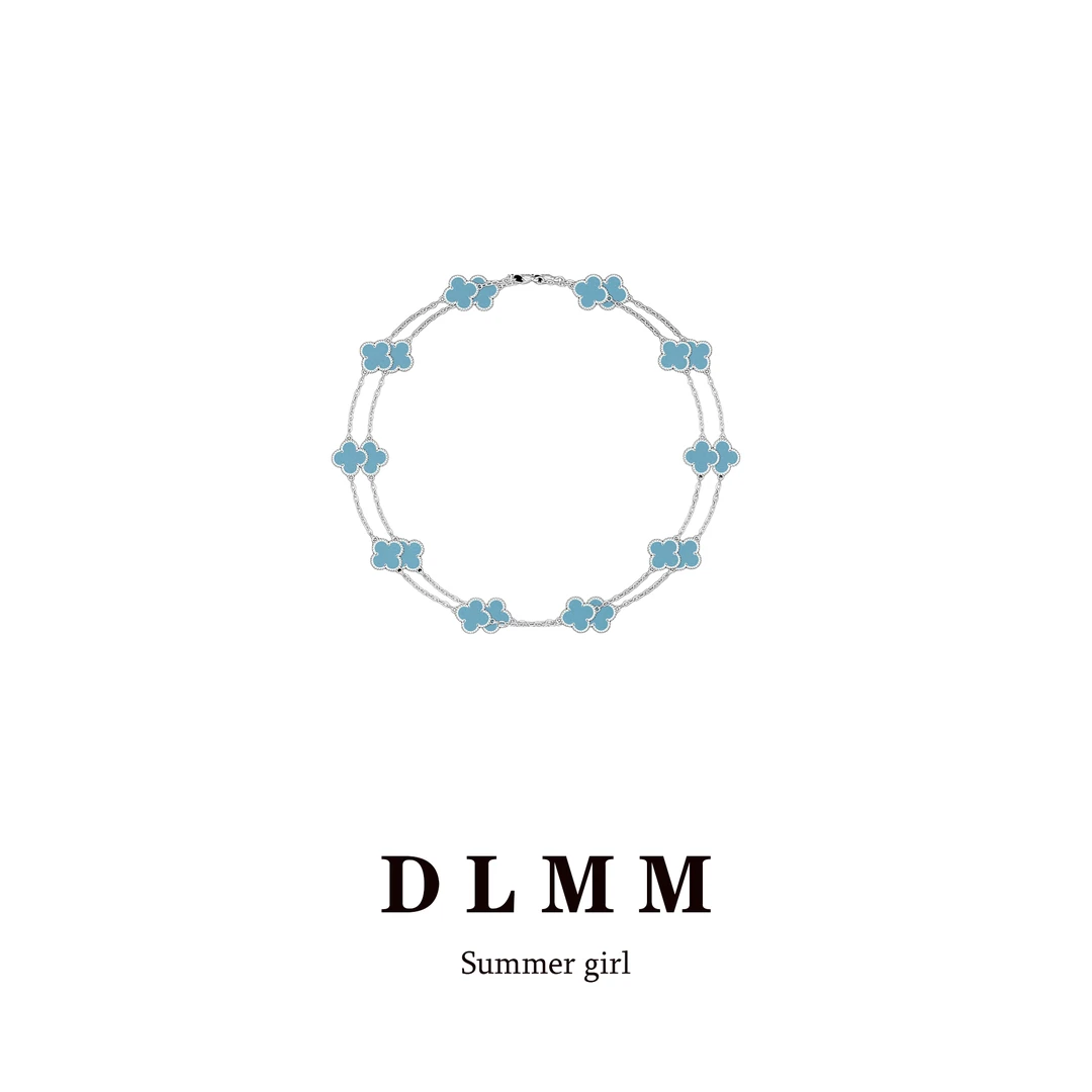 链子925银锆石 镀K金 绿松色二十花项链 C015X