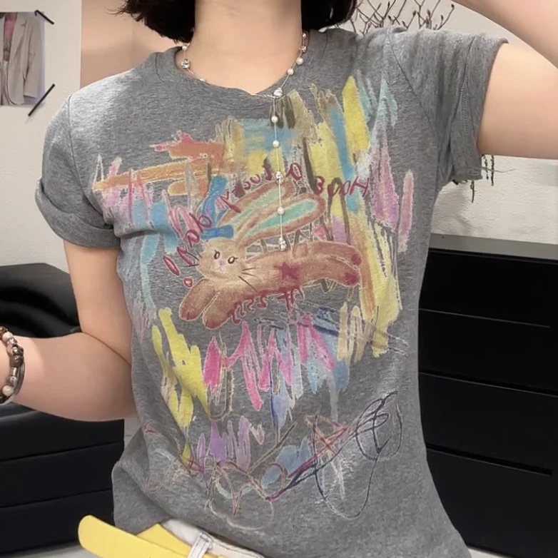 数码油画印花T恤时尚显瘦夏季修身圆领百搭休闲