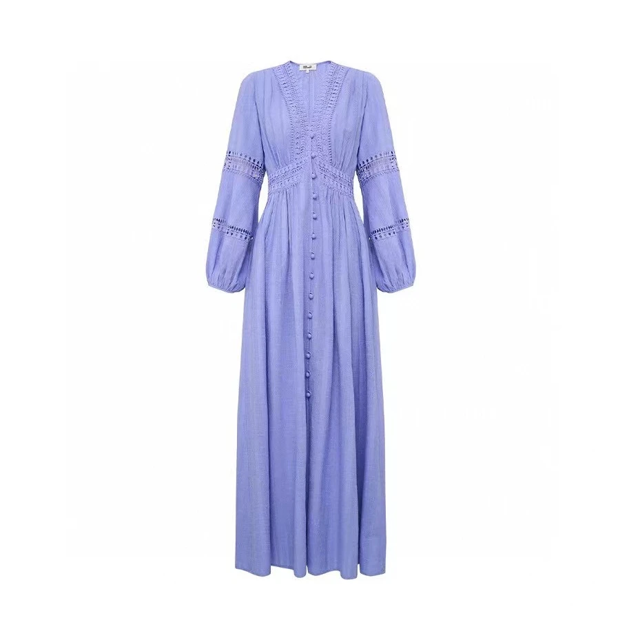 【安雅精选】“夏日清风”V领镂空刺绣长袖修身夏季气质连衣裙长裙