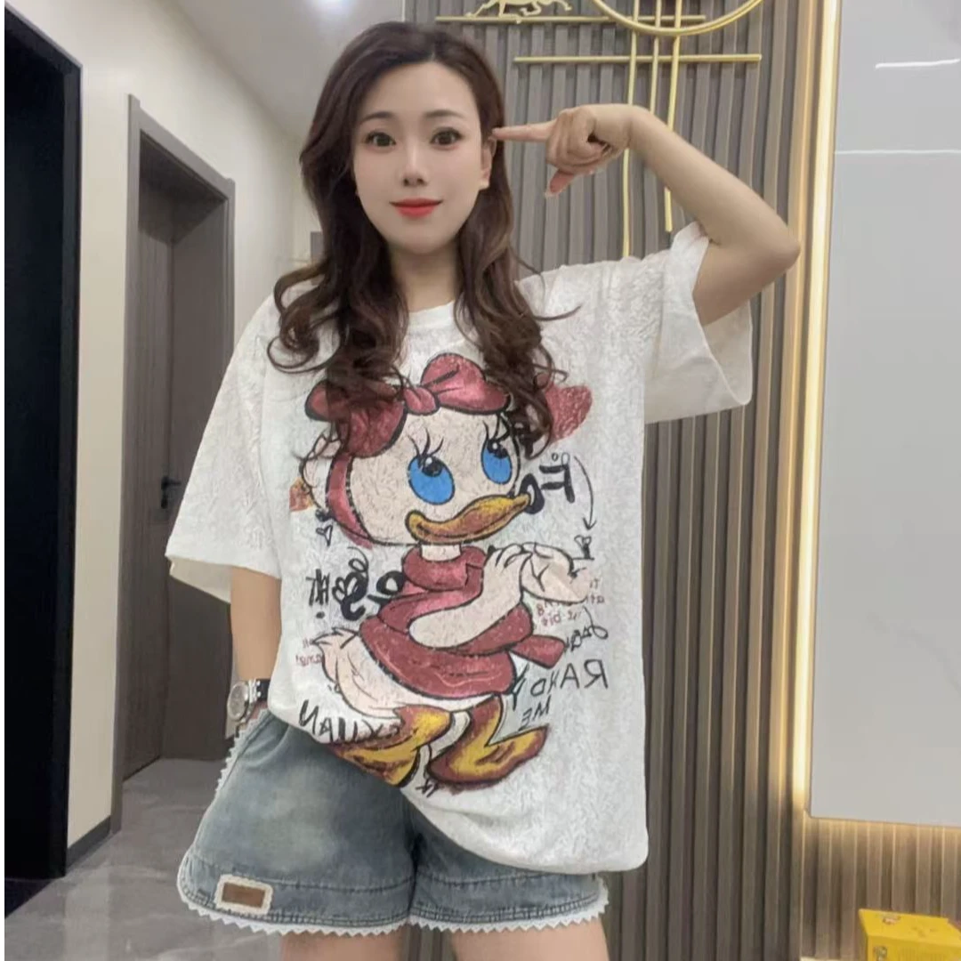 12875小景推荐-欧版时尚蝴蝶结唐老鸭蕾丝短袖-86918