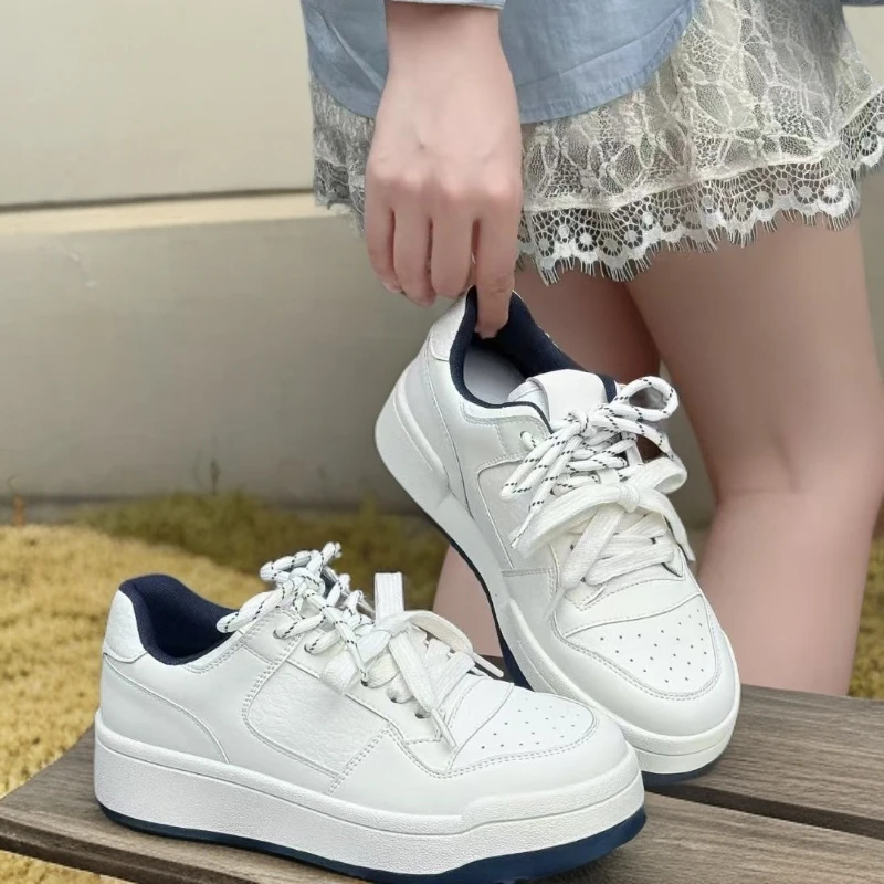 秋季新款真皮厚底小白鞋增高休闲板鞋港风复古显高百搭小白鞋爆款