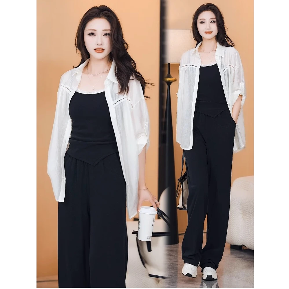 时尚套装女2025春季新款时髦洋气长袖衬衫吊带阔腿裤气质三件套潮