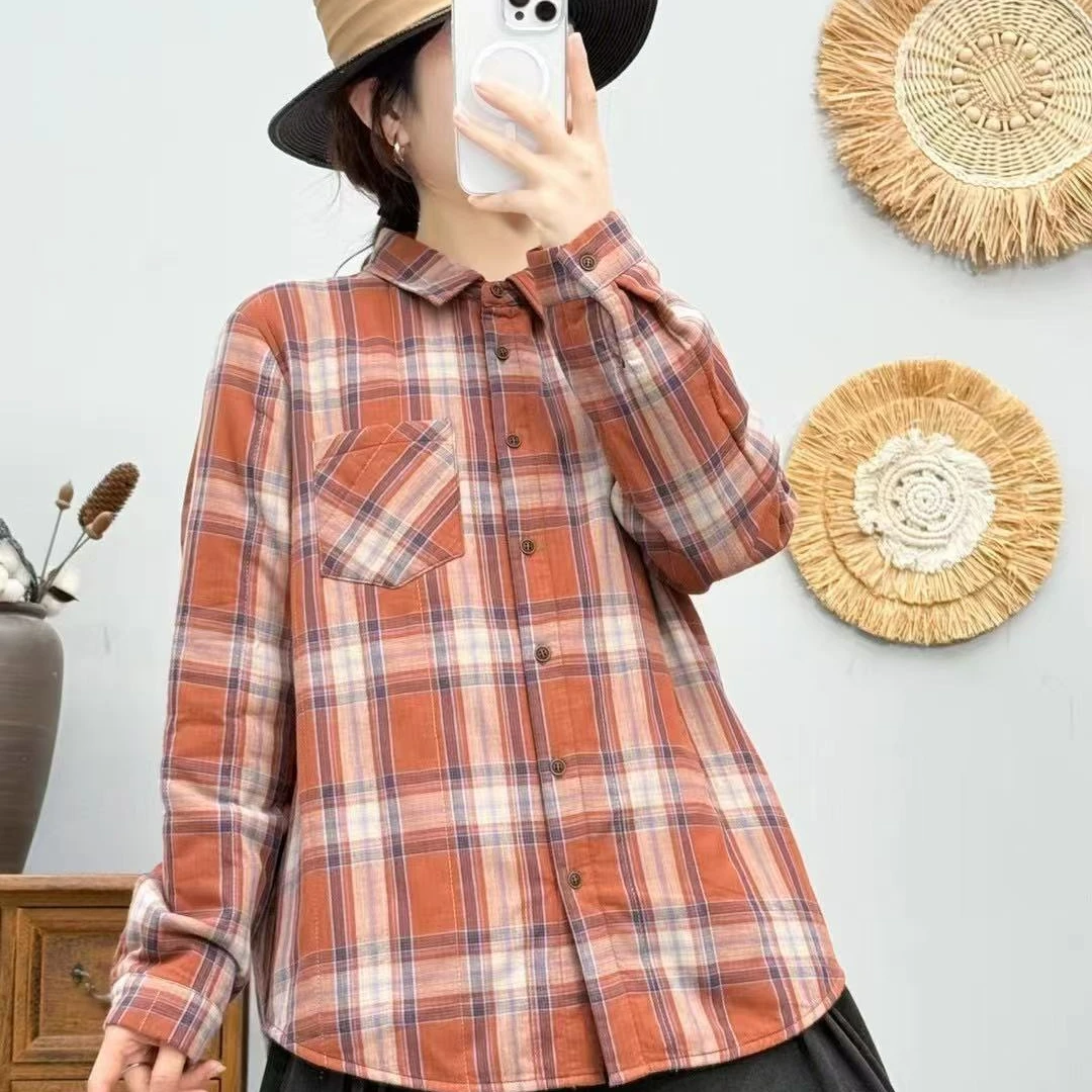 2024秋冬格子衬衫女夹棉加厚保暖衬衣外套内搭宽松休闲学院风衬衫
