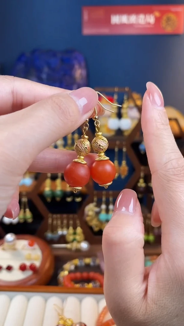 南红玛瑙银S925镀金镶嵌耳饰南红耳钩