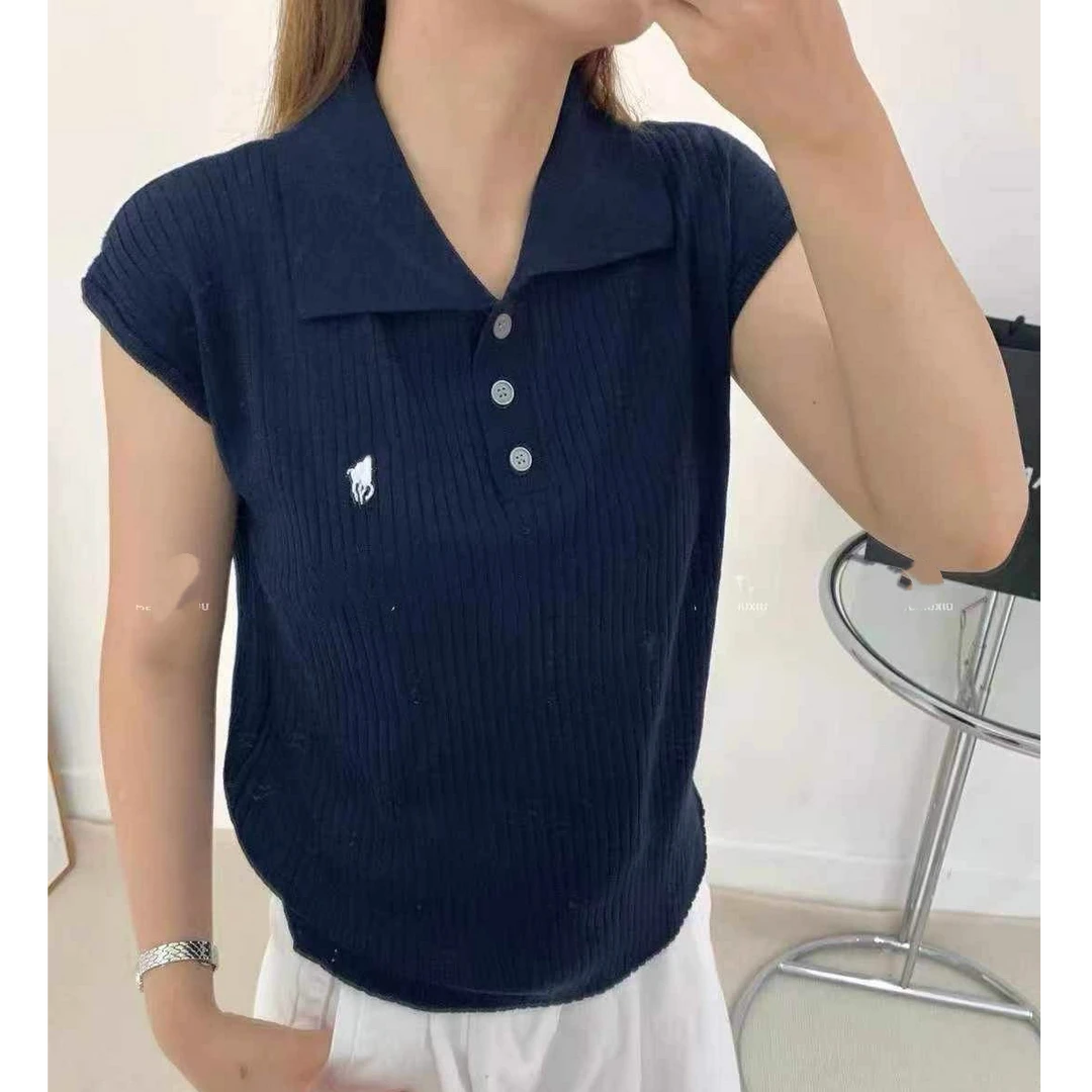 5049夏季套头款女保罗翻领不起球毛针织衫简约韩版时尚三粒扣