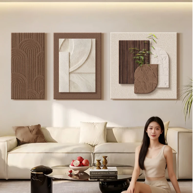 抽象几何侘寂风客厅装饰画高级感沙发背景墙挂画肌理感砂岩组合画