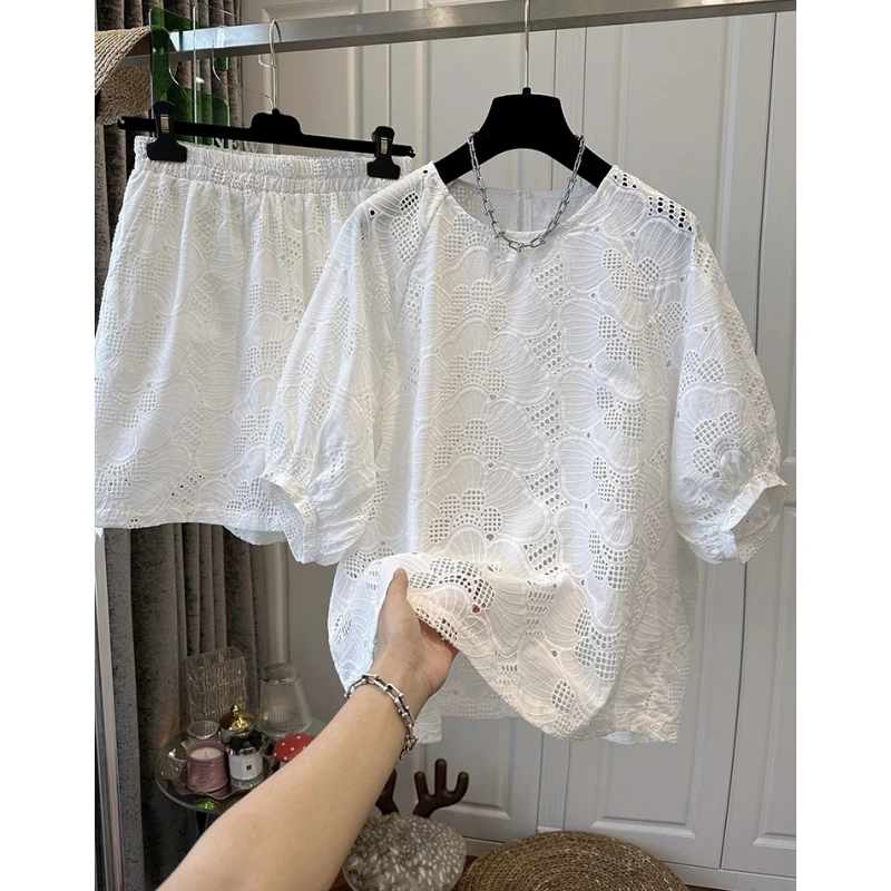 法式圆领镂空蕾丝刺绣短袖松紧腰短裤时尚套装女两件套宽松夏季新