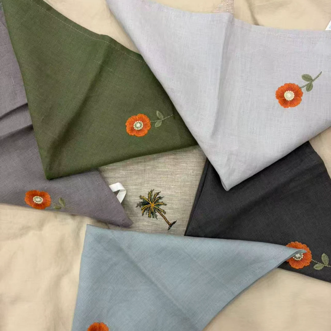 外贸出口刺绣款100 %纯亚麻方巾餐巾毛巾擦手擦脸巾