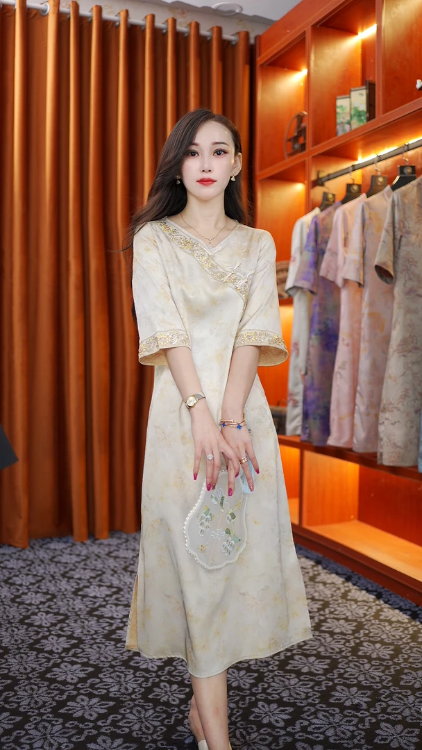 【金盏】新中式新款提花花罗复古宽松中长款连衣裙8831中国风