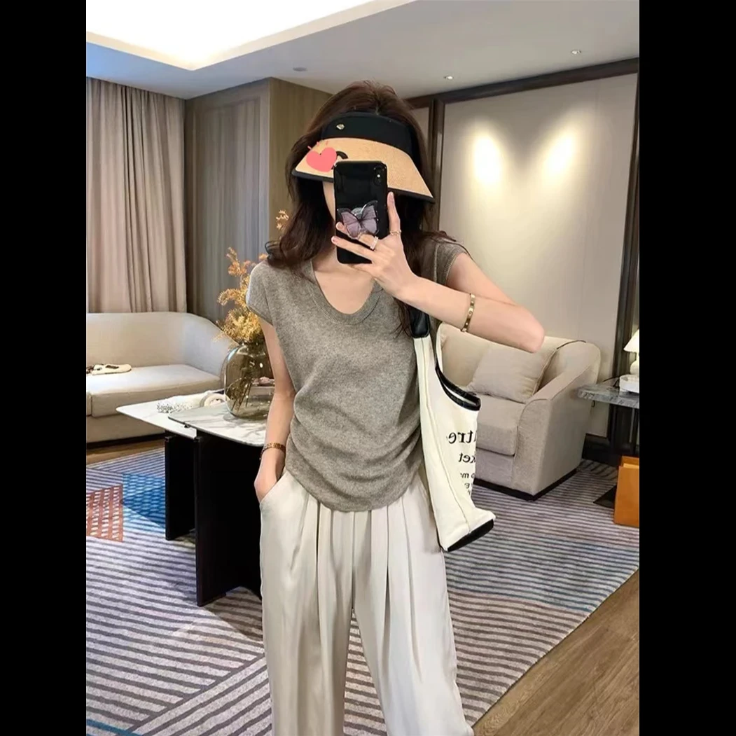 韩系灰色t恤女夏季短袖U领冰丝飞飞袖针织薄款上衣慵懒松弛感
