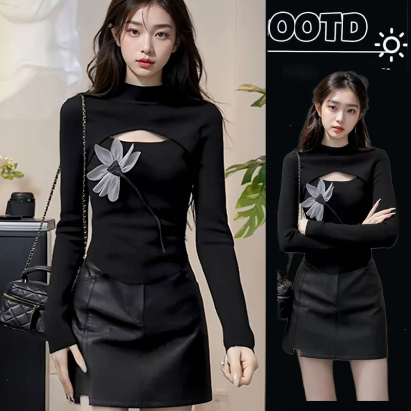 新款显瘦优雅气质独特黑色立体花朵上衣女+半身裙两件套套装女