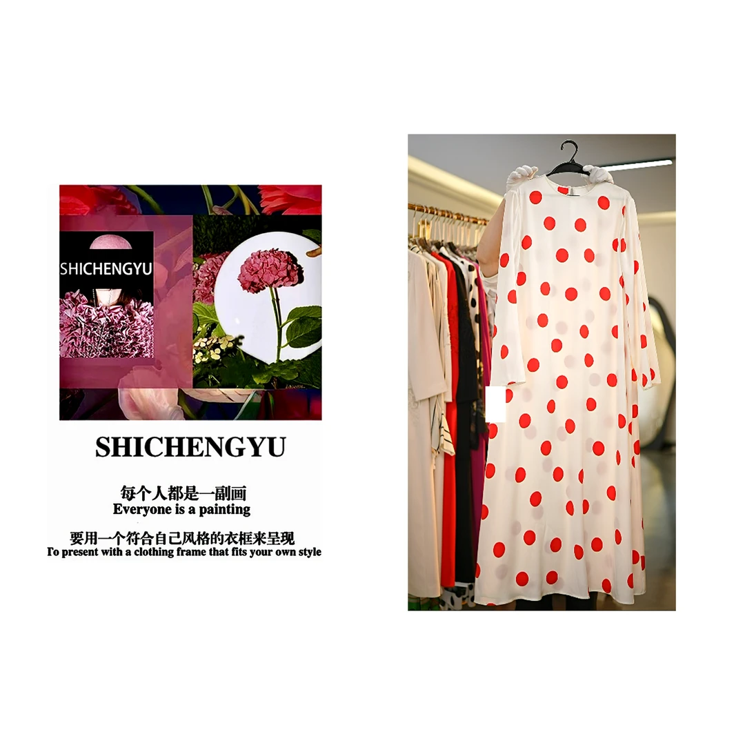 「SHICHENGYU」时尚设计师新款「红色波点」双面印花圆领女士连衣裙