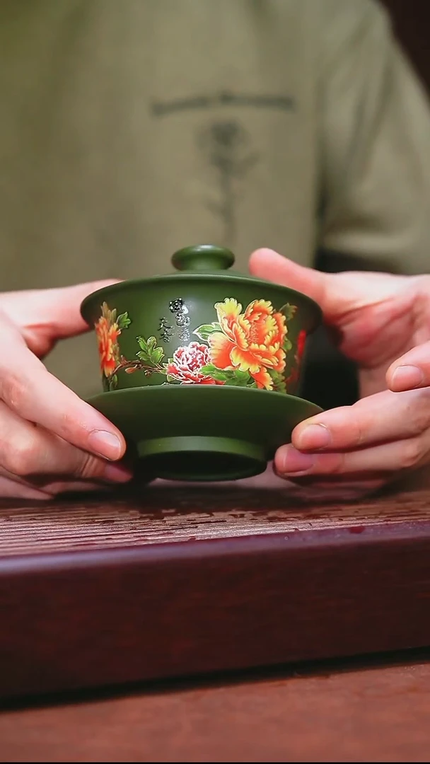 紫砂公道杯宜兴原矿紫砂  绿泥国色天香盖碗