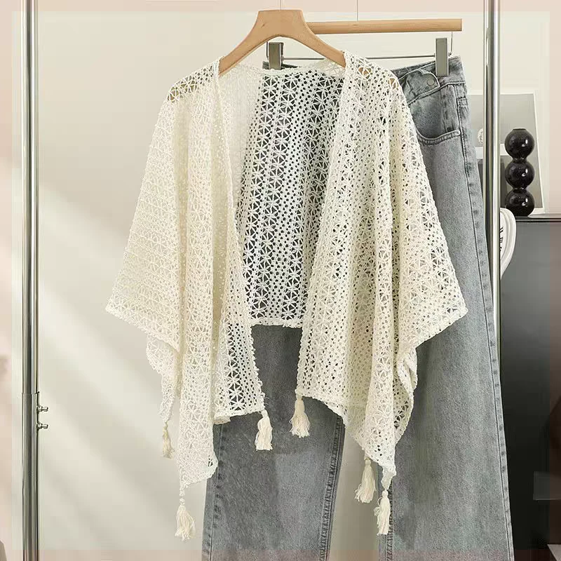 民族旅游风复古针织流苏开衫女薄款春秋小披肩配裙子外搭蕾丝罩衫