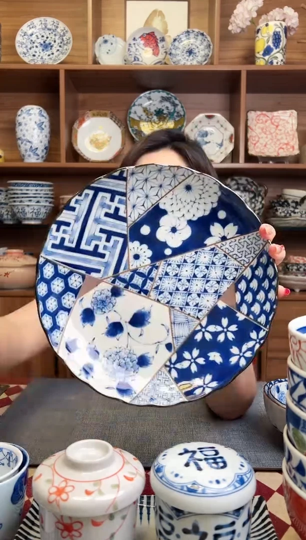 瓷片蓝友禅23cm菊型深盘