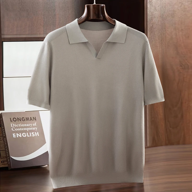 男士康赛妮翻领短袖薄款纯色宽松型男夏季Polo衫针织商务蜂窝T恤