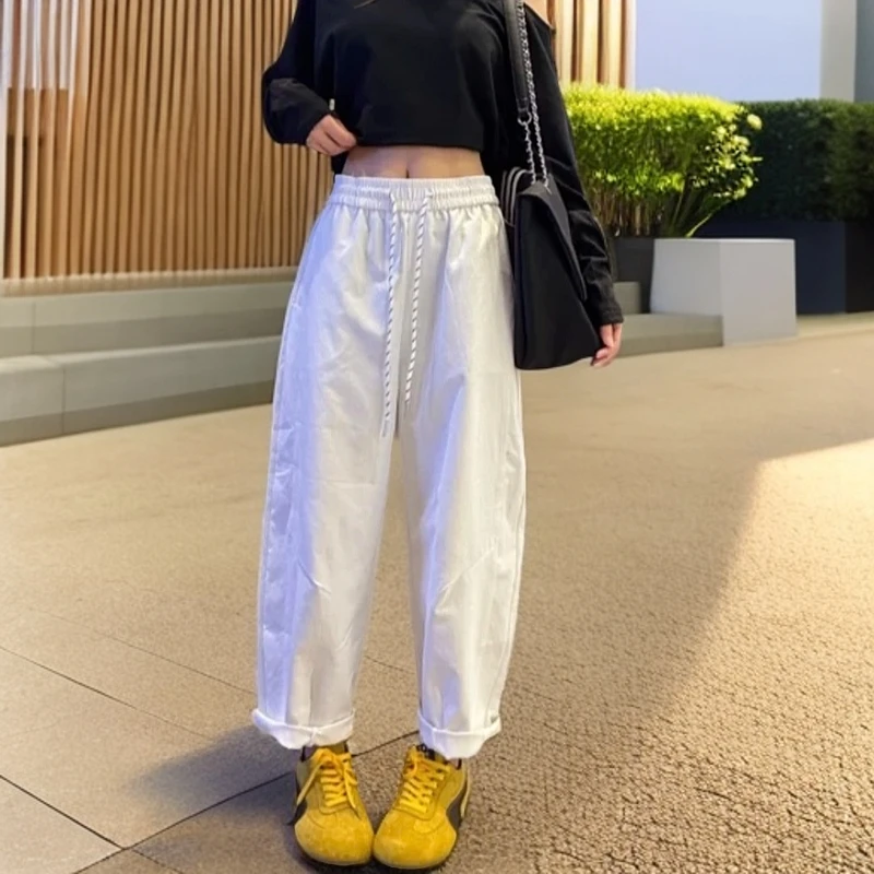 春季新款绑带松紧高腰宽松休闲阔腿裤裤子女直筒裤