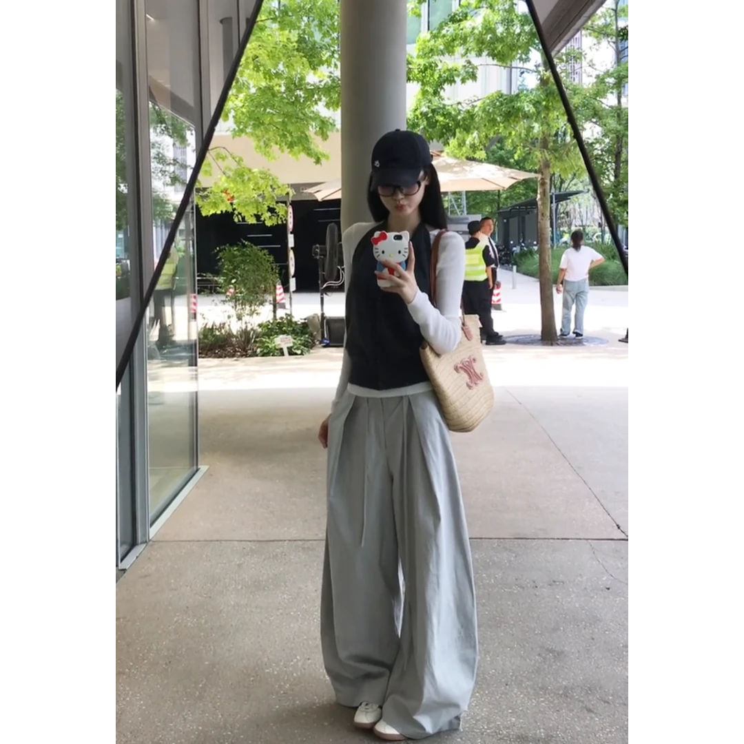 MARIE.COCO韩系简约百搭通勤风套装白色打底衫女挂脖背心休闲长裤