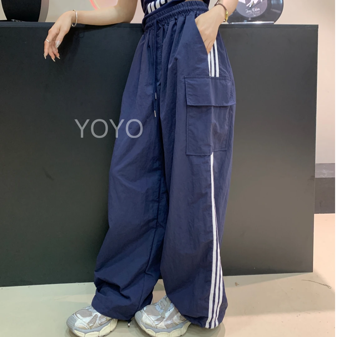 YOYO自制【蓝色工装】运动休闲百搭夏季复古宽松织带工装阔腿拖地裤