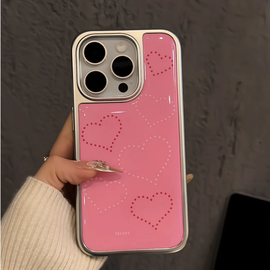 适用苹果16pro电镀大孔相框手机壳华为p70粉底波点爱心小众小米