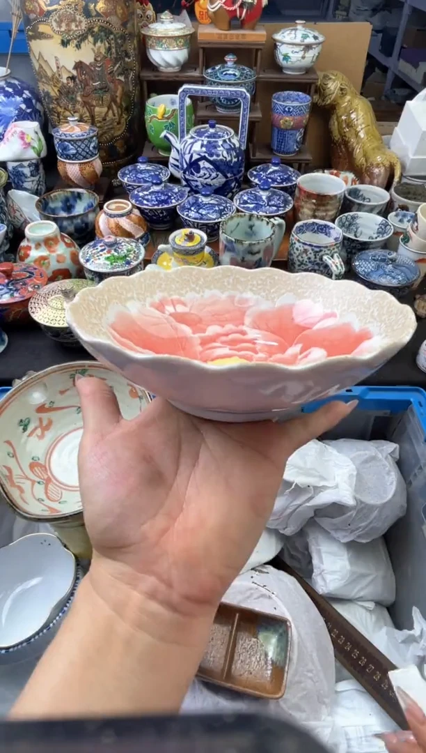 瓷片16.5口径牡丹小钵六六工艺品瓷器