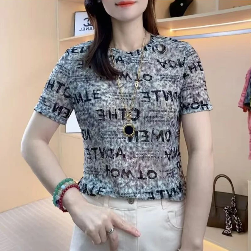 大码字母宽松透气印花圆领T恤印花显瘦套装圆领短款