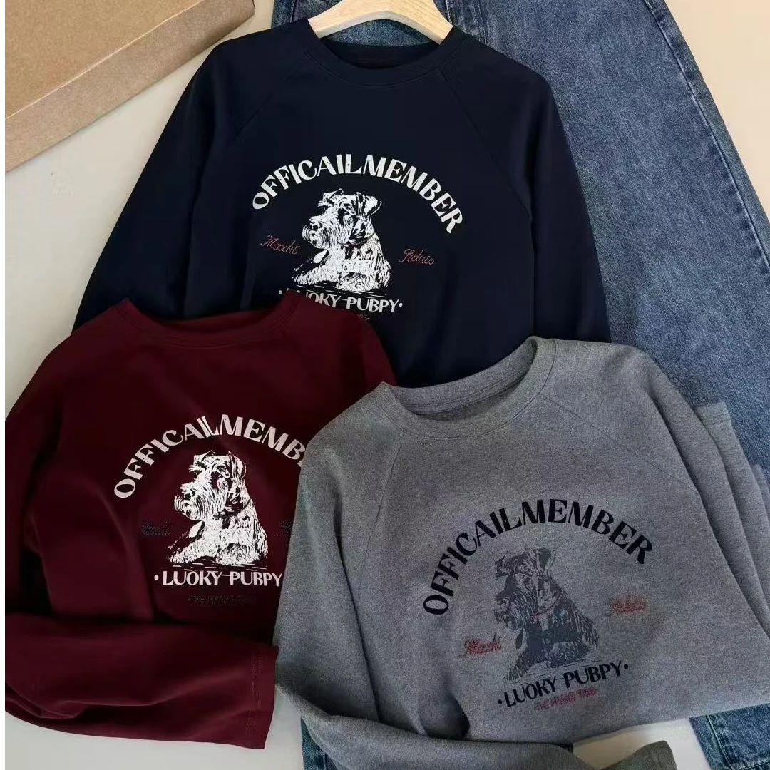 【雪纳瑞小狗】  加厚加绒印花浮雕刺绣长袖经典圆领长T女长袖T恤