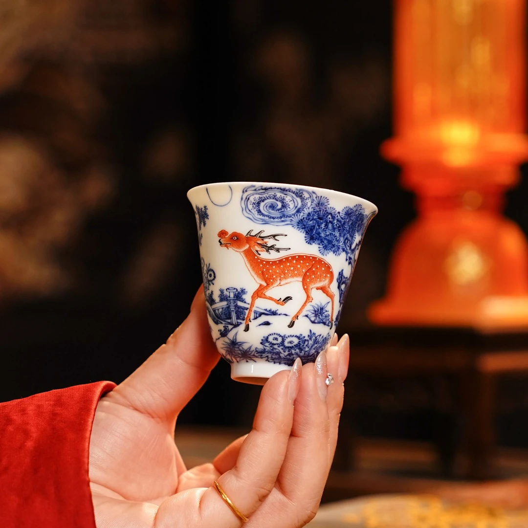 千静悦心青花矾红林深陶瓷见鹿闻香杯手绘主人杯茶杯茶具家用高档