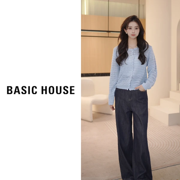 Basic House/百家好春季新款圆领镂空针织开衫B1195B5H662