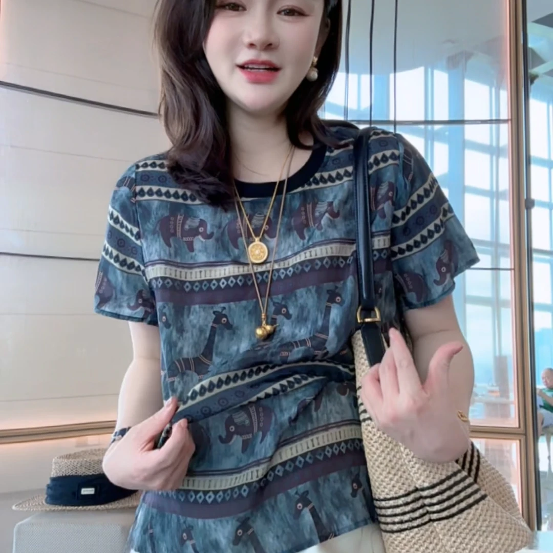 【丝芙玉禄】（F926）100真丝双绉印花动物夏季显瘦桑蚕丝t恤上衣