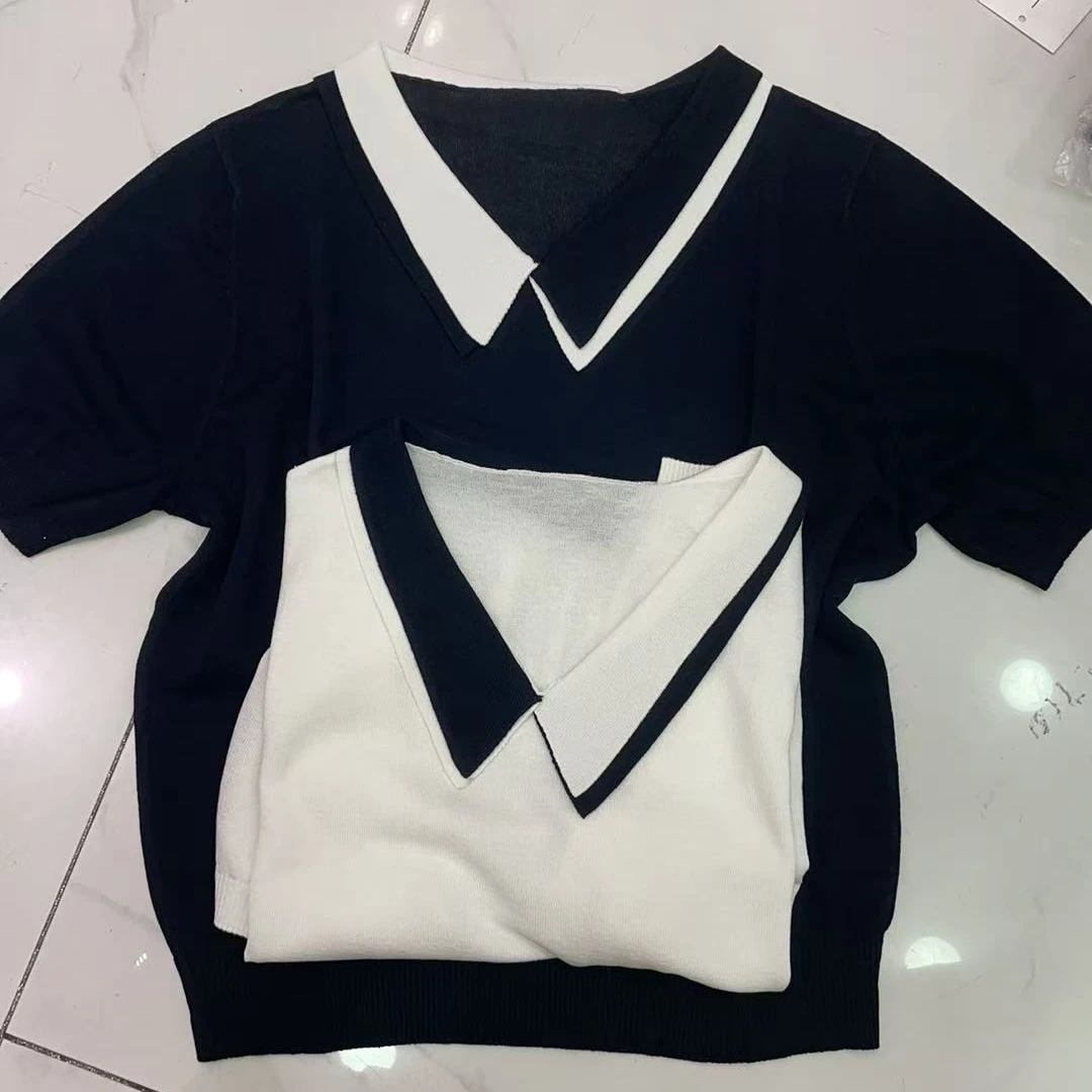 1882夏季错色拼接翻领女V领短袖毛针织衫休闲芭蕾风