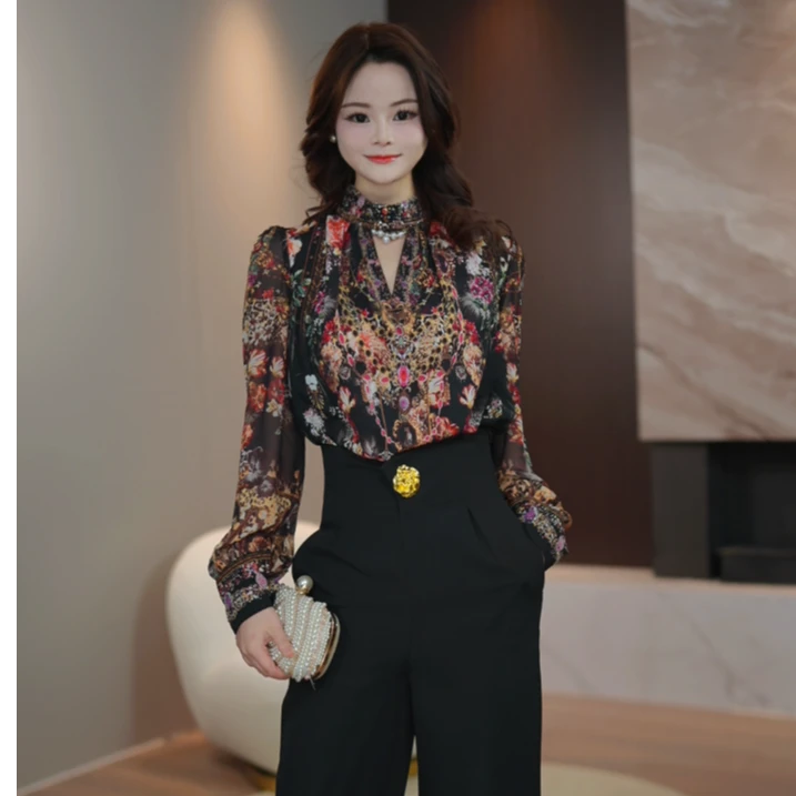 【秘境】25春夏新款轻奢重工烫钻桑蚕丝衬衣