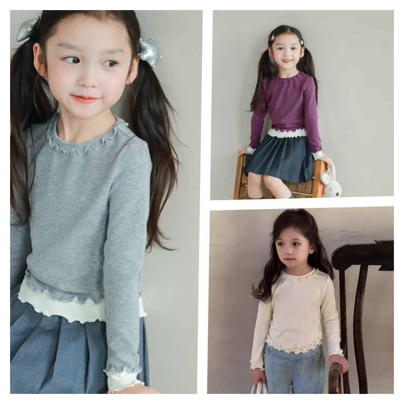 韩版女童2025短款秋上衣儿童薄款洋气花边新款木耳花边宝宝T恤