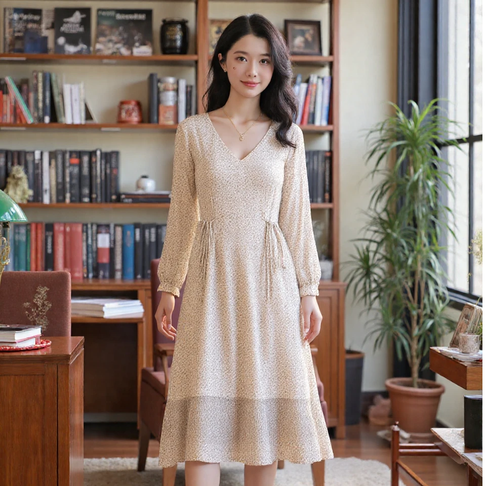 【籽言专属】碎花V领抽绳收腰长袖连衣裙女温柔风裙KT10703