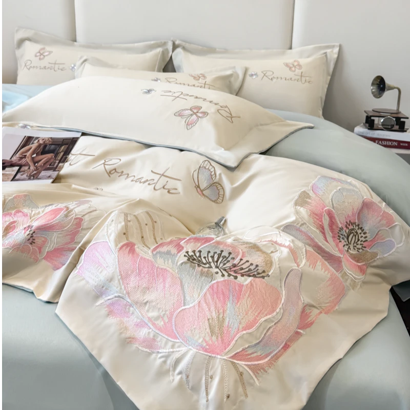 富安娜新款春夏A类轻奢少女心纯棉四件套纯棉裸睡床单被套床笠款4