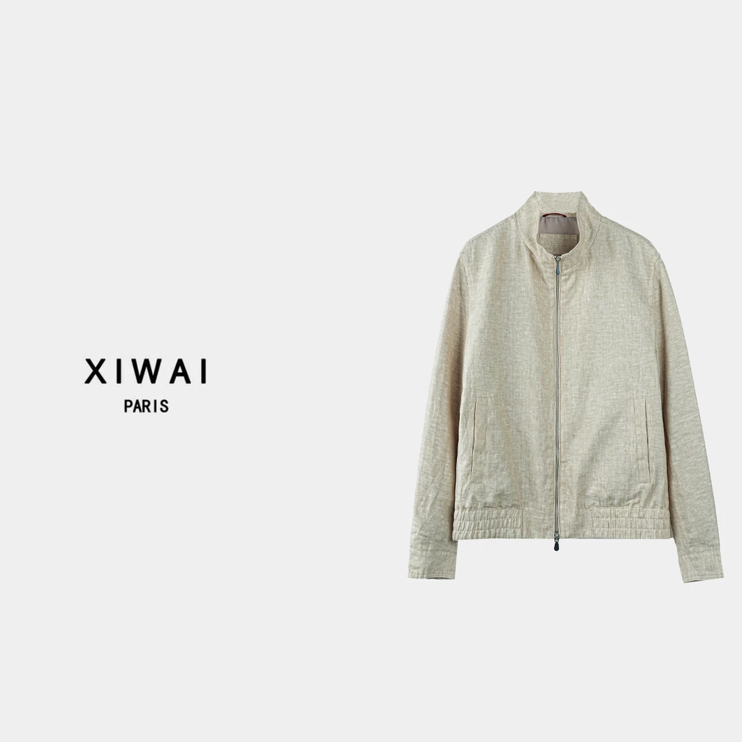 高定男装 春夏新款25s男士100%长纤维雨露亚麻面料夹克外套 2308