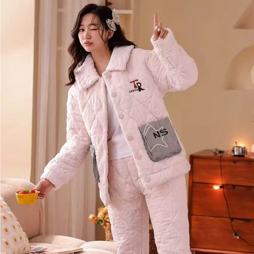 6611三层夹棉加绒加厚冬季保暖家居服睡衣套装可外穿大棉袄大棉裤