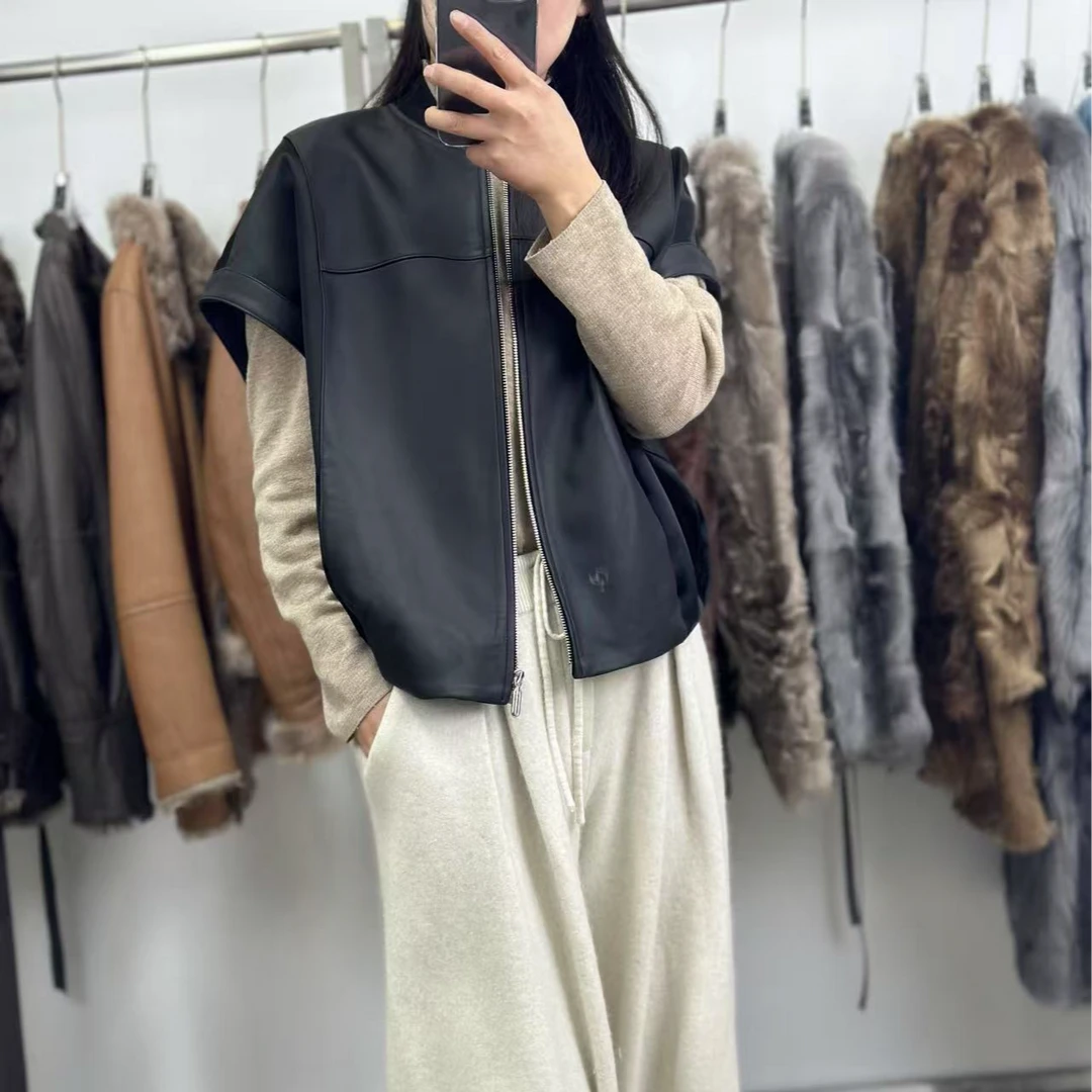2025春秋新款黑色百搭圆领时尚真皮马甲绵羊皮休闲时尚显瘦阔版