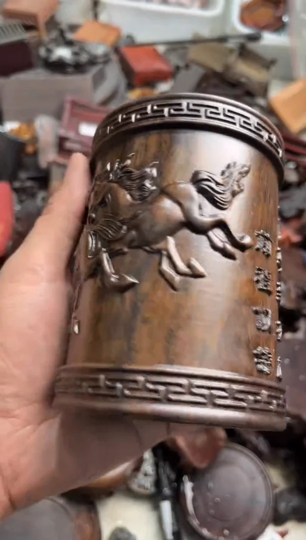 木80黑檀木骏马笔筒