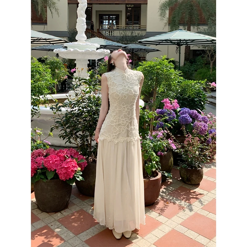 【雪俏】国风新中式杏色提花低调奢华典雅气质拼接法式连衣裙夏季