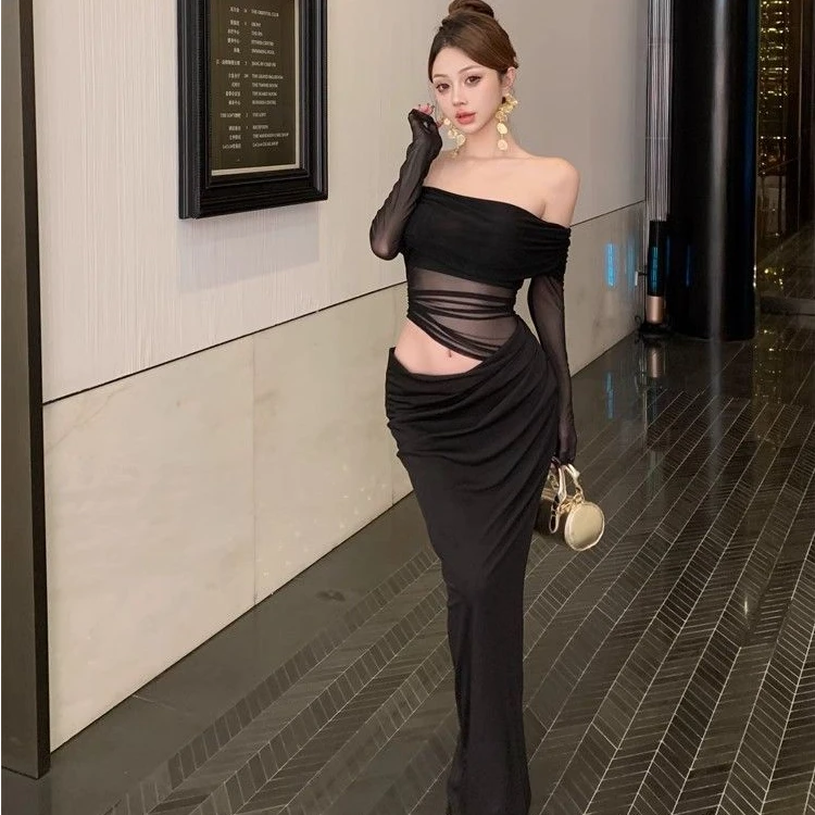 御姐风成熟假两件网纱一字肩连衣裙女春秋新款修身显瘦露腰长裙子