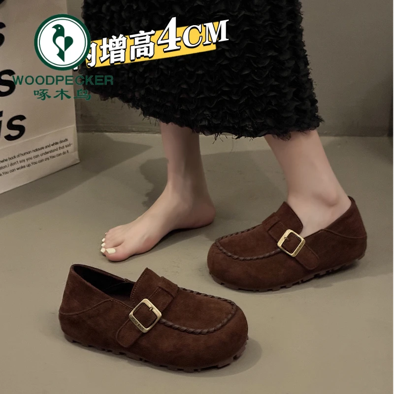 啄木鸟厚底内增高全包勃肯鞋两穿单鞋女2025新款秋季乐福鞋豆豆鞋