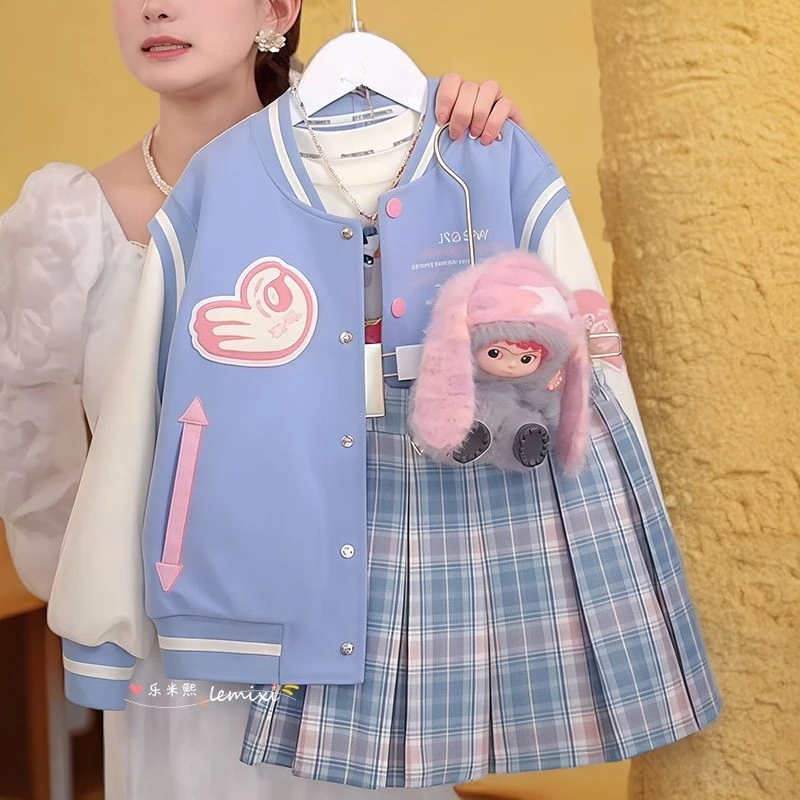 女童棒球服外套百褶裙套装2025新款春秋款学院风半身裙jk三件套潮