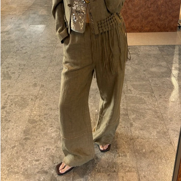 ICE DUST 亚麻毛边宽松长裤