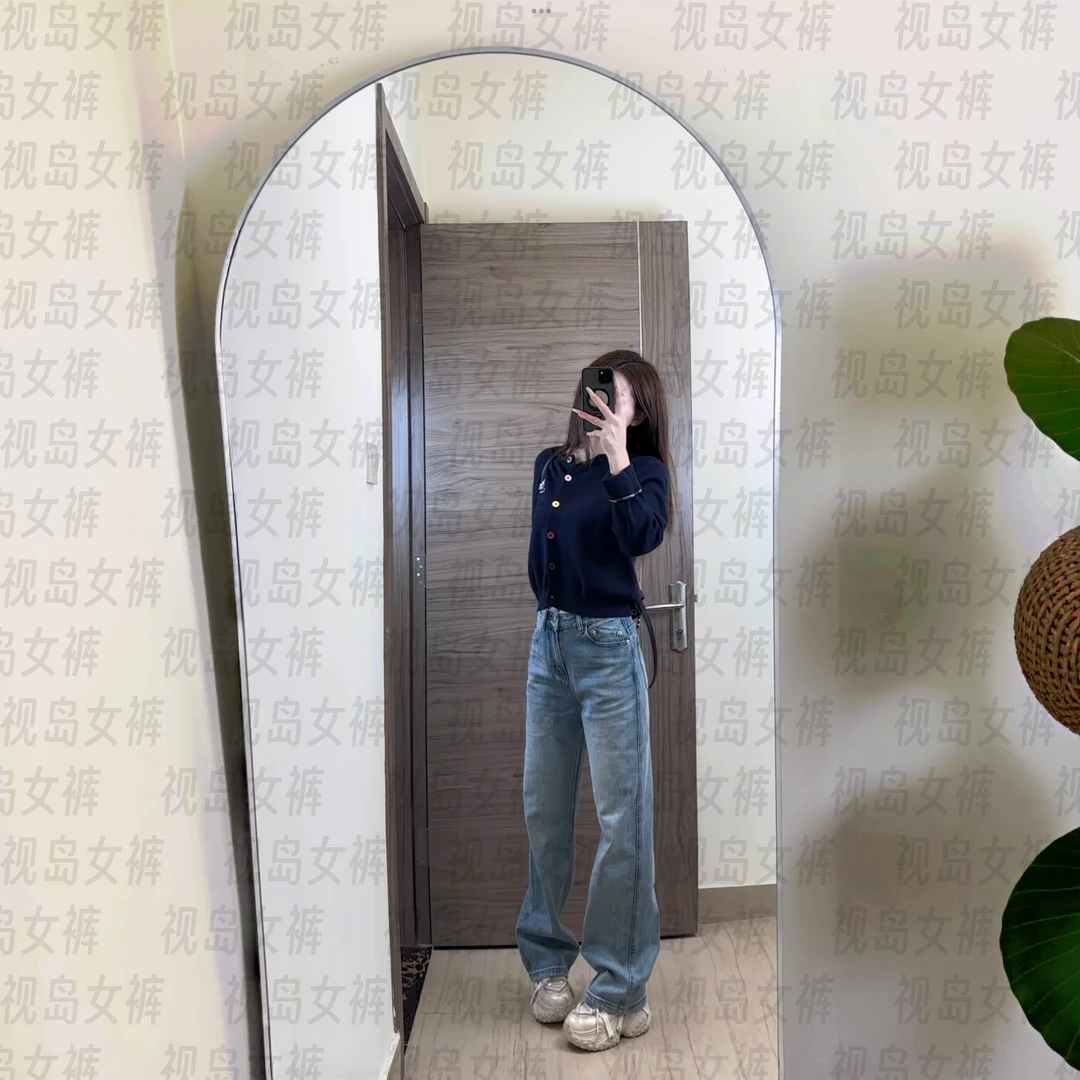 视岛冬季月光蓝浅色高腰慵懒风气质显瘦休闲加绒牛仔裤时尚通勤