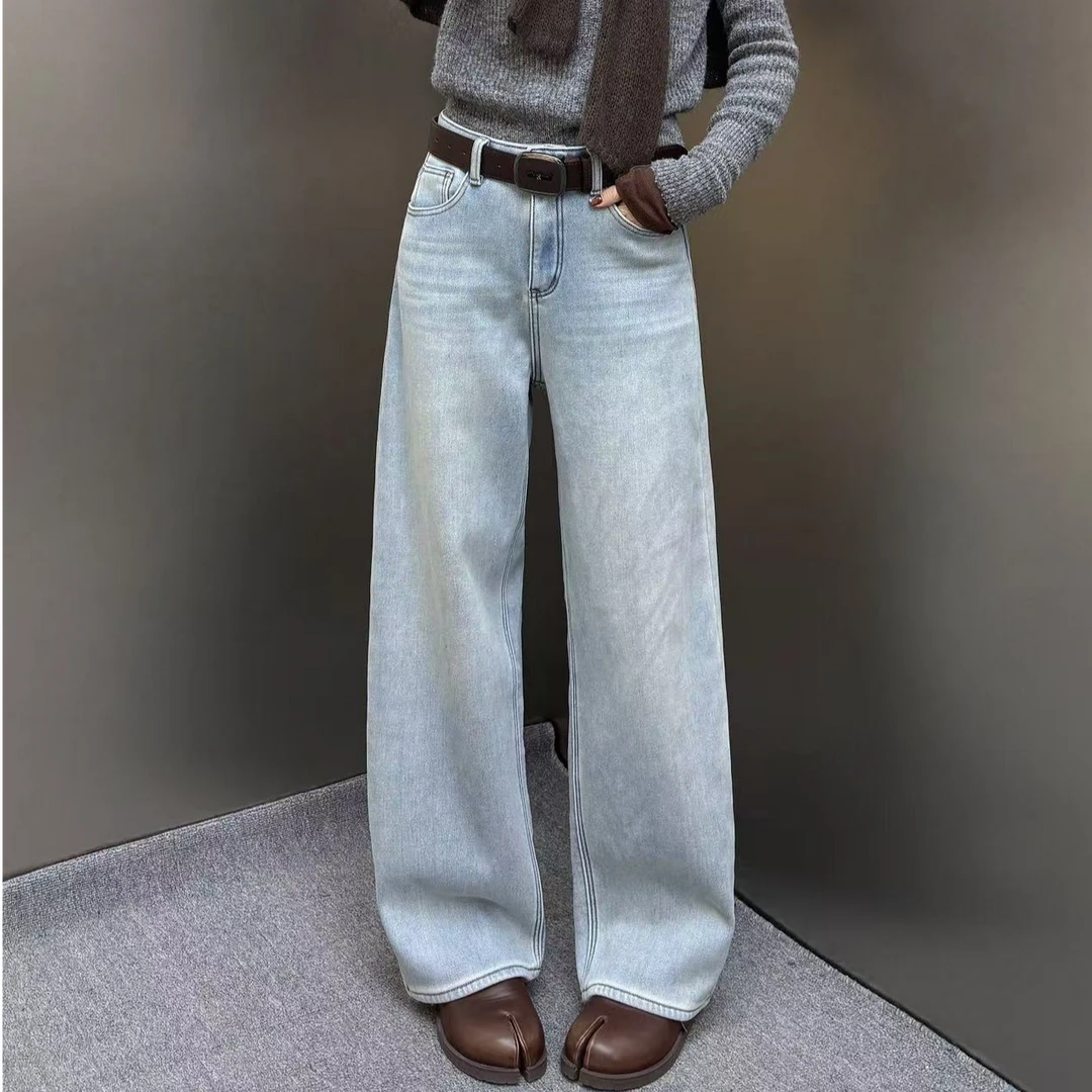 【裤博汇】79665超柔冬款冰蓝复合密密绒绒立体窄版牛仔直筒裤