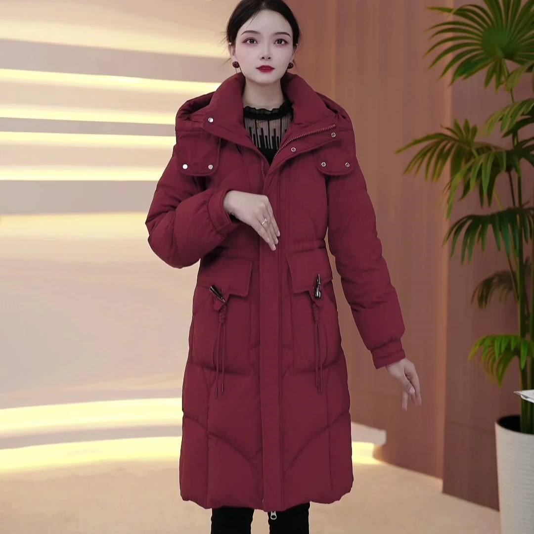 冬季新款女士休闲显瘦保暖韩版收腰连帽中长款百搭白鸭绒羽绒服