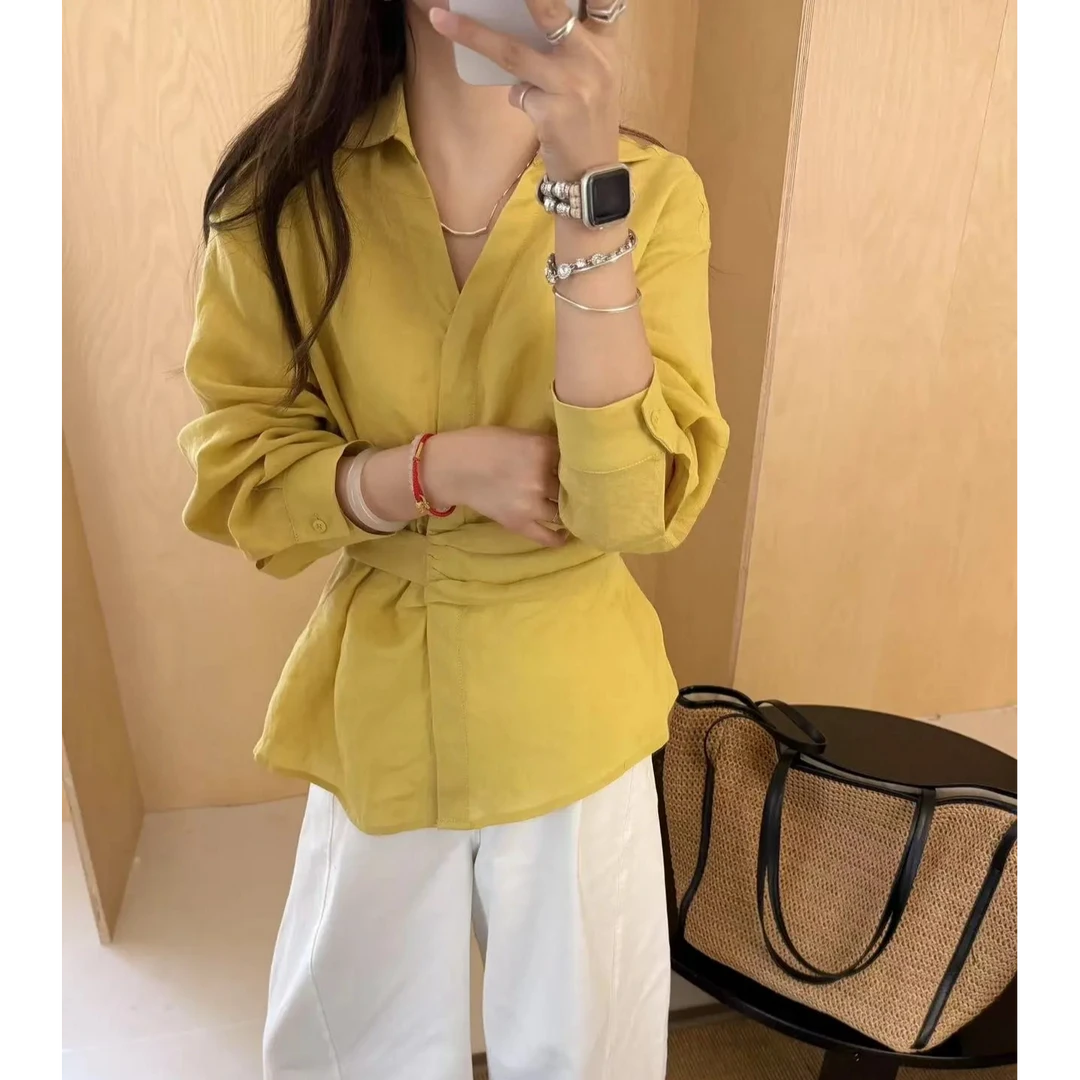 2025 春夏新款简约V领系腰带收腰衬衫主