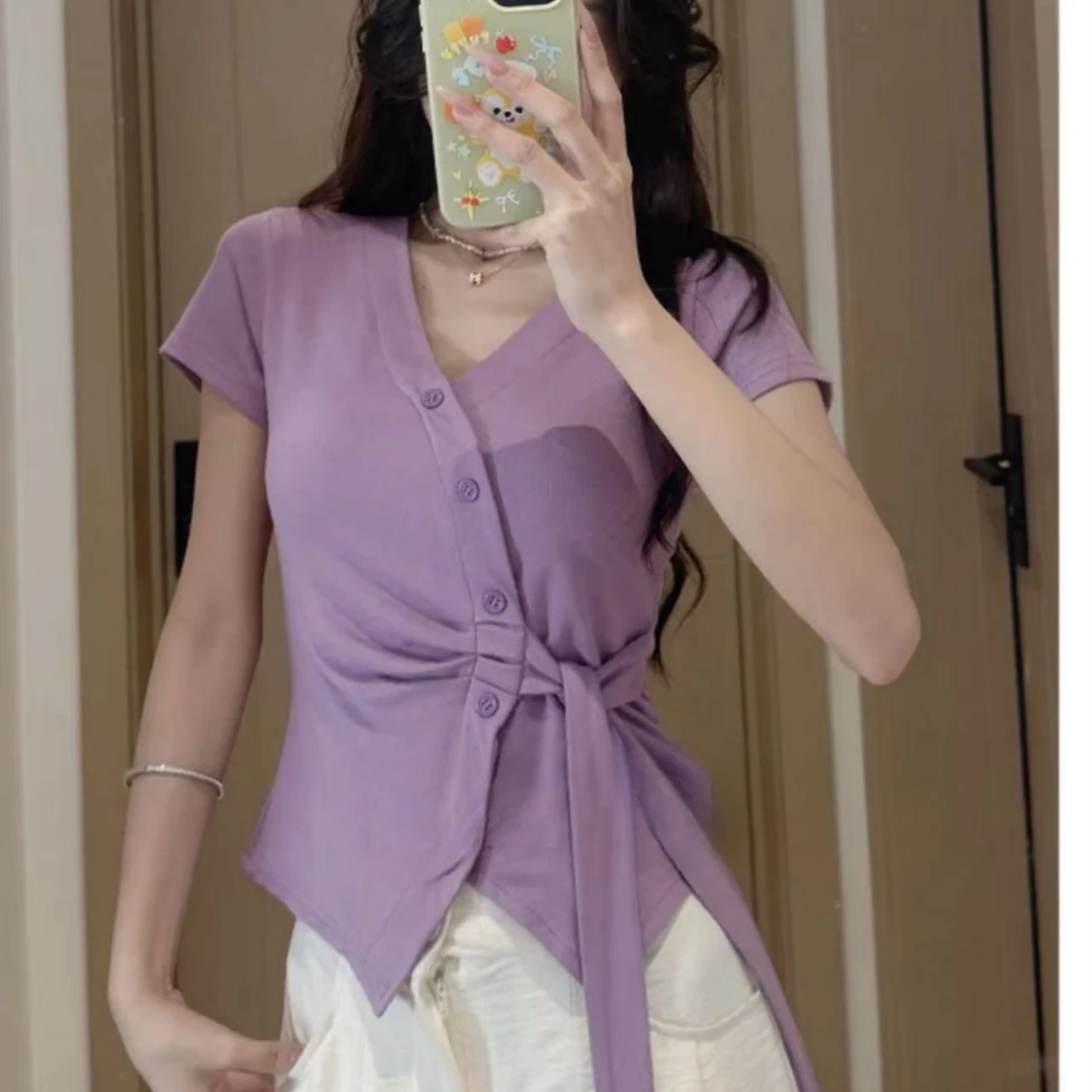 2025法式夏季设计感上衣修身显瘦简约风短袖绑带不规则气质V领T恤