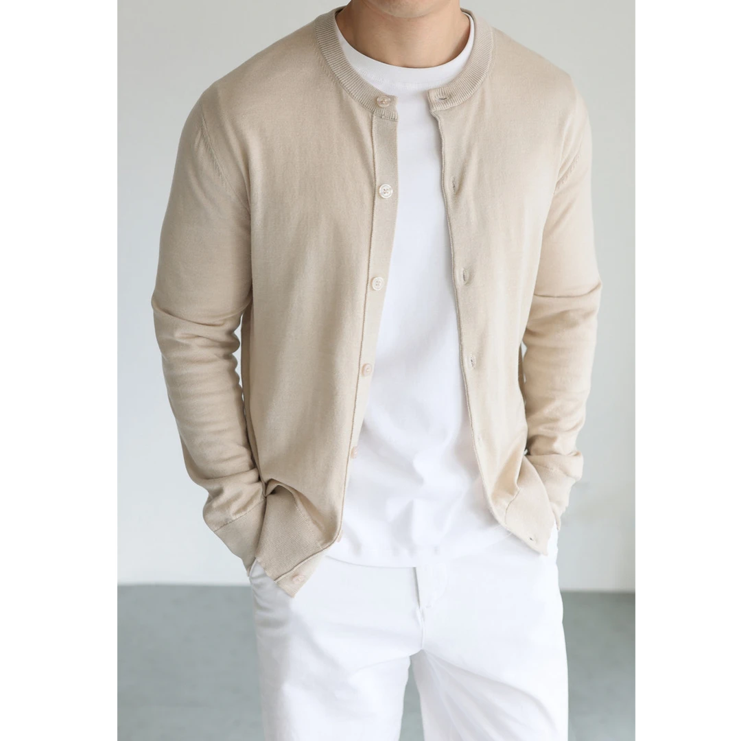 奥兰德保罗轻盈丝光剥鳞羊毛桑蚕丝圆领针织开衫休闲商务复古外套